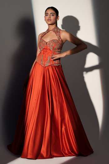 Shop_Libas Cafe by Nidhi & Ashish_Rust Satin Zari, Stones Halter Neck Rachel Embroidered Corset And Lehenga Set _Online_at_Aza_Fashions