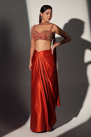 Buy_Libas Cafe by Nidhi & Ashish_Rust Satin Sweetheart Neck Miranda Embroidered Blouse Skirt Set _Online_at_Aza_Fashions