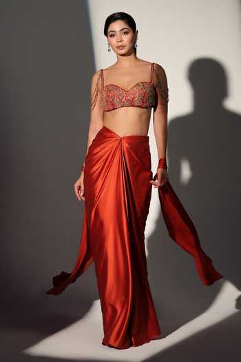 Shop_Libas Cafe by Nidhi & Ashish_Rust Satin Sweetheart Neck Miranda Embroidered Blouse Skirt Set _Online_at_Aza_Fashions