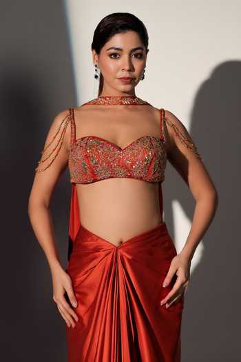 Libas Cafe by Nidhi & Ashish_Rust Satin Sweetheart Neck Miranda Embroidered Blouse Skirt Set _at_Aza_Fashions
