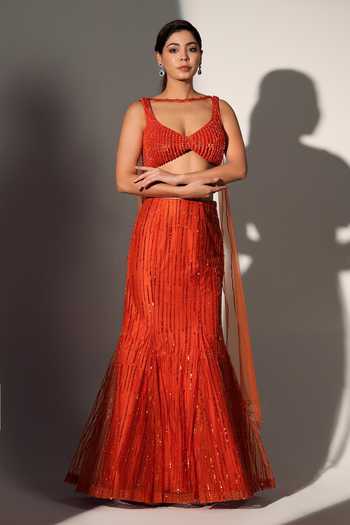 Libas Cafe by Nidhi & Ashish_Rust Net V-neck Emily Embroidered Blouse Mermaid Skirt Set _Online_at_Aza_Fashions