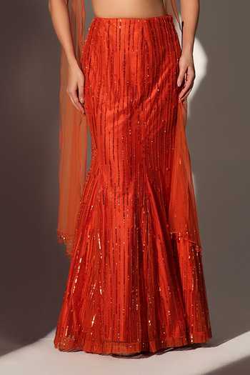 Buy_Libas Cafe by Nidhi & Ashish_Rust Net V-neck Emily Embroidered Blouse Mermaid Skirt Set _Online_at_Aza_Fashions