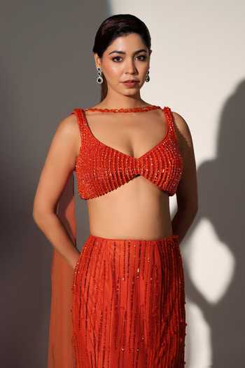 Shop_Libas Cafe by Nidhi & Ashish_Rust Net V-neck Emily Embroidered Blouse Mermaid Skirt Set _Online_at_Aza_Fashions