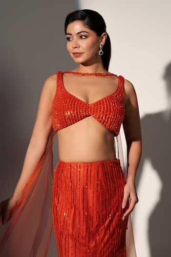 Libas Cafe by Nidhi & Ashish_Rust Net V-neck Emily Embroidered Blouse Mermaid Skirt Set _at_Aza_Fashions