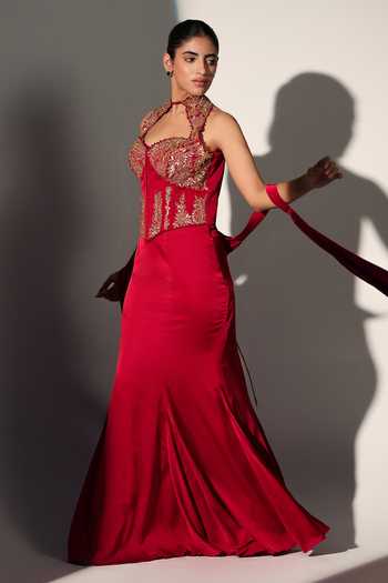 Libas Cafe by Nidhi & Ashish_Red Satin Sequins, Zari Halter Neck Elizabeth Corset Mermaid Skirt Set _Online_at_Aza_Fashions