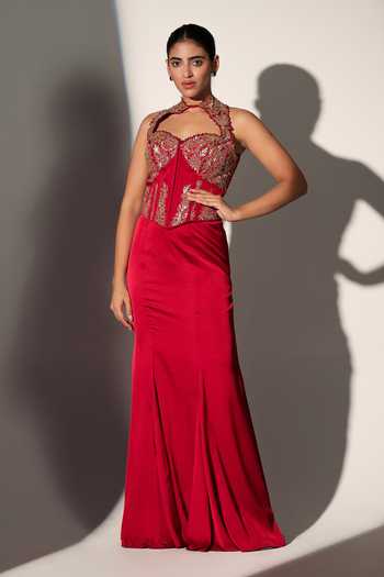 Buy_Libas Cafe by Nidhi & Ashish_Red Satin Sequins, Zari Halter Neck Elizabeth Corset Mermaid Skirt Set _Online_at_Aza_Fashions