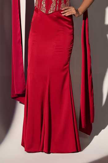 Shop_Libas Cafe by Nidhi & Ashish_Red Satin Sequins, Zari Halter Neck Elizabeth Corset Mermaid Skirt Set _Online_at_Aza_Fashions