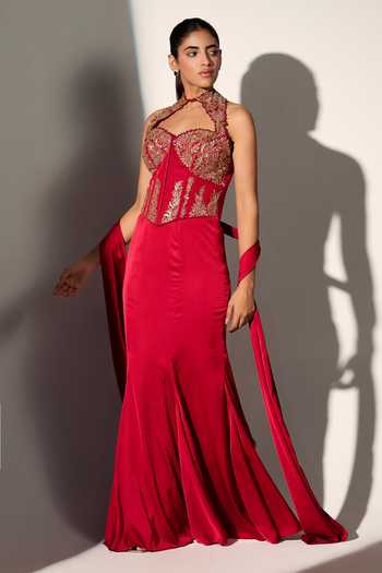 Libas Cafe by Nidhi & Ashish_Red Satin Sequins, Zari Halter Neck Elizabeth Corset Mermaid Skirt Set _at_Aza_Fashions