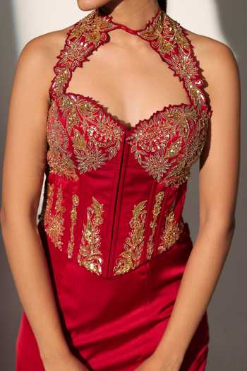 Buy_Libas Cafe by Nidhi & Ashish_Red Satin Sequins, Zari Halter Neck Elizabeth Corset Mermaid Skirt Set 