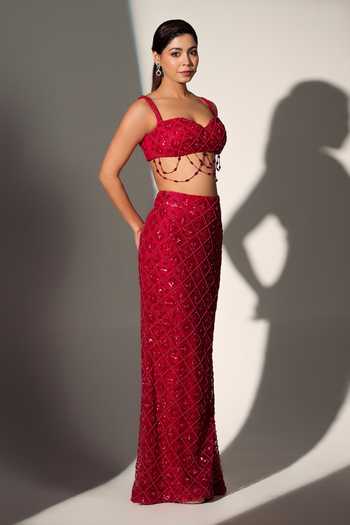 Buy_Libas Cafe by Nidhi & Ashish_Red Net Sweetheart Neck Poo Embroidered Blouse And Skirt Set _Online_at_Aza_Fashions