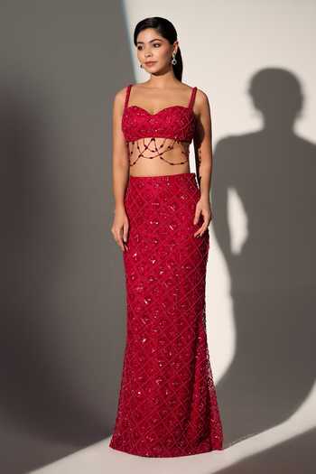 Shop_Libas Cafe by Nidhi & Ashish_Red Net Sweetheart Neck Poo Embroidered Blouse And Skirt Set _Online_at_Aza_Fashions