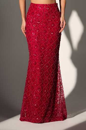 Libas Cafe by Nidhi & Ashish_Red Net Sweetheart Neck Poo Embroidered Blouse And Skirt Set _at_Aza_Fashions