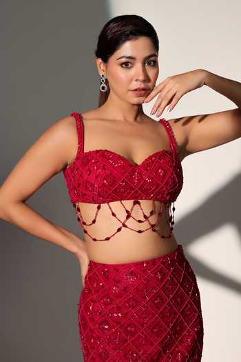 Buy_Libas Cafe by Nidhi & Ashish_Red Net Sweetheart Neck Poo Embroidered Blouse And Skirt Set 