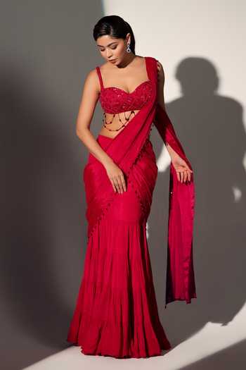 Libas Cafe by Nidhi & Ashish_Red Crepe Sweetheart Neck Carrie Layered Lehenga Pre-draped Saree With Blouse _Online_at_Aza_Fashions