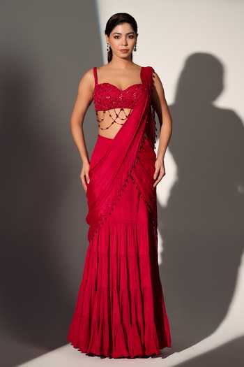 Buy_Libas Cafe by Nidhi & Ashish_Red Crepe Sweetheart Neck Carrie Layered Lehenga Pre-draped Saree With Blouse _Online_at_Aza_Fashions