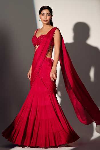 Shop_Libas Cafe by Nidhi & Ashish_Red Crepe Sweetheart Neck Carrie Layered Lehenga Pre-draped Saree With Blouse _Online_at_Aza_Fashions