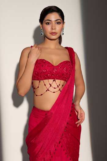 Libas Cafe by Nidhi & Ashish_Red Crepe Sweetheart Neck Carrie Layered Lehenga Pre-draped Saree With Blouse _at_Aza_Fashions