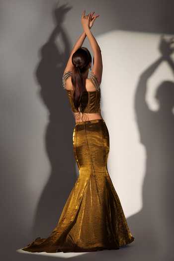 Libas Cafe by Nidhi & Ashish_Gold Organza Mirrors, Stones, Beads Serena Work Corset Mermaid Skirt Set _Online_at_Aza_Fashions
