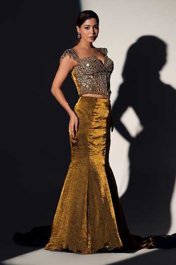 Buy_Libas Cafe by Nidhi & Ashish_Gold Organza Mirrors, Stones, Beads Serena Work Corset Mermaid Skirt Set _Online_at_Aza_Fashions