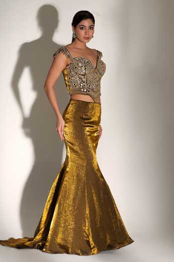 Shop_Libas Cafe by Nidhi & Ashish_Gold Organza Mirrors, Stones, Beads Serena Work Corset Mermaid Skirt Set _Online_at_Aza_Fashions
