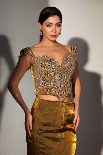 Buy_Libas Cafe by Nidhi & Ashish_Gold Organza Mirrors, Stones, Beads Serena Work Corset Mermaid Skirt Set 