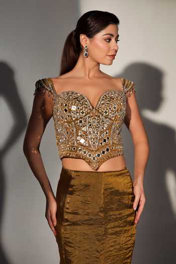 Shop_Libas Cafe by Nidhi & Ashish_Gold Organza Mirrors, Stones, Beads Serena Work Corset Mermaid Skirt Set 