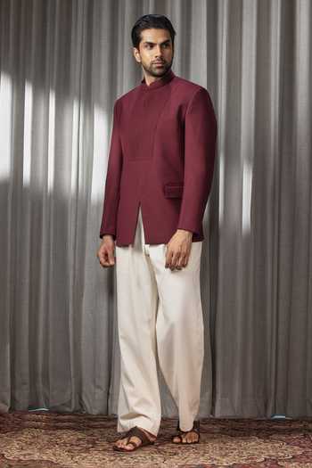 Madhav Agasti_Maroon Silk, Suiting Pintuck Bandhgala  _Online_at_Aza_Fashions