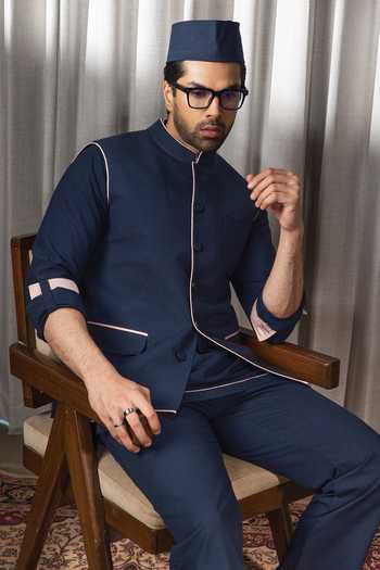 Madhav Agasti_Blue Handloom Cotton Piping Bundi Kurta Set _Online_at_Aza_Fashions