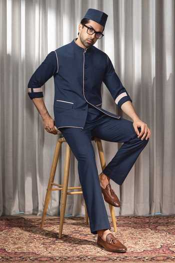 Buy_Madhav Agasti_Blue Handloom Cotton Piping Bundi Kurta Set _Online_at_Aza_Fashions