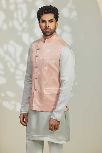 Buy_Madhav Agasti_Pink Silk, Linen Bandhani Pattern Bundi Kurta Set  _Online_at_Aza_Fashions