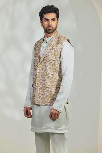 Buy_Madhav Agasti_Beige Silk Hand Embroidered Nehru Jacket _Online_at_Aza_Fashions