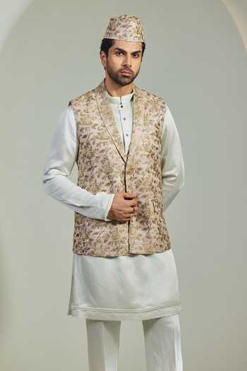 Shop_Madhav Agasti_Beige Silk Hand Embroidered Nehru Jacket _Online_at_Aza_Fashions