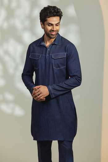 Madhav Agasti_Blue Denim Pathani Kurta And Pant Set _Online_at_Aza_Fashions