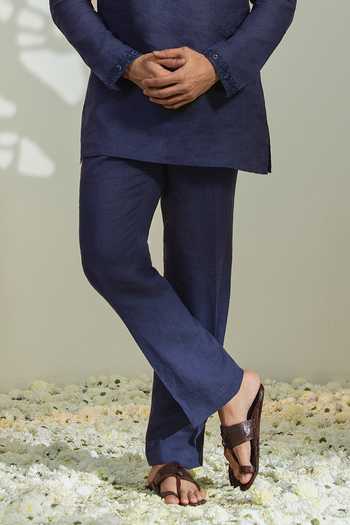 Madhav Agasti_Blue Linen Kurta And Pant Set _Online_at_Aza_Fashions