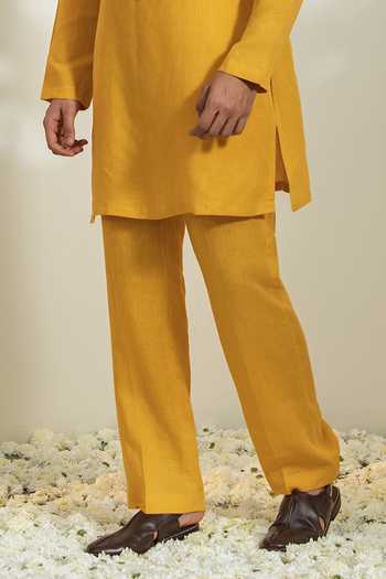Madhav Agasti_Yellow Linen Placed Embroidered Kurta And Pant Set _Online_at_Aza_Fashions