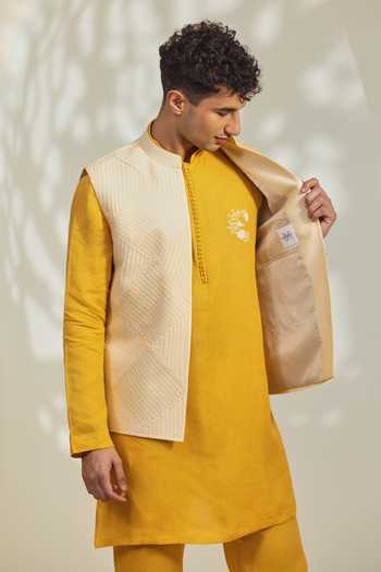 Madhav Agasti_Yellow Silk Diagonal Pintuck Pattern Bundi _Online_at_Aza_Fashions