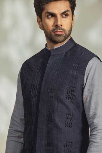Madhav Agasti_Navy Silk Textured Nehru Jacket _Online_at_Aza_Fashions