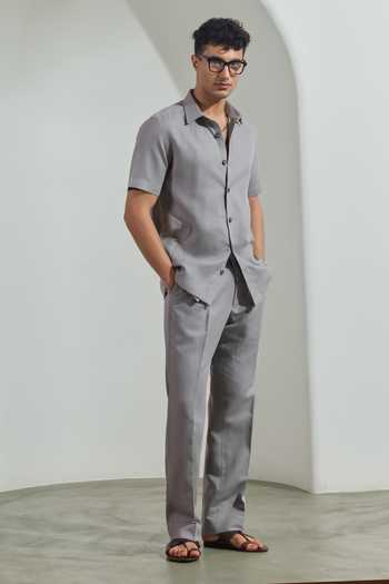 Madhav Agasti_Grey Linen Shirt And Trouser Set _Online_at_Aza_Fashions