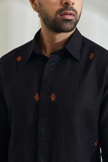 Madhav Agasti_Black Linen Hand Embroidered Shirt _Online_at_Aza_Fashions