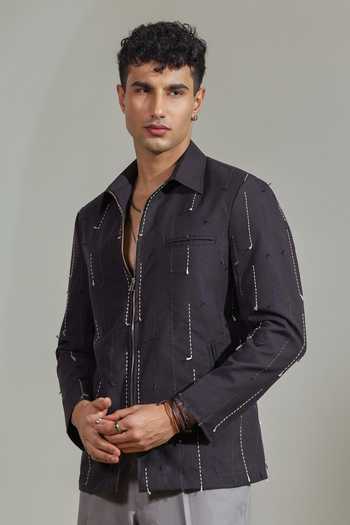 Madhav Agasti_Grey Handloom Cotton Hand Embroidered Jacket _Online_at_Aza_Fashions