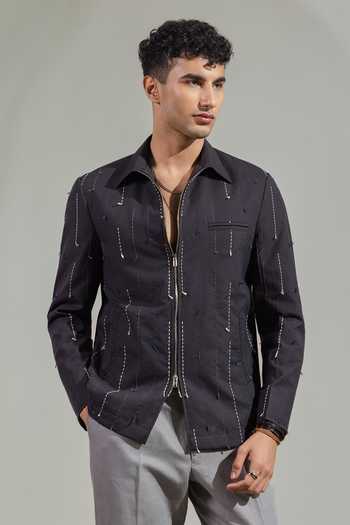 Buy_Madhav Agasti_Grey Handloom Cotton Hand Embroidered Jacket _Online_at_Aza_Fashions
