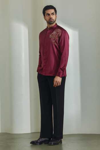 Madhav Agasti_Maroon Silk Hand Embroidered Shirt _Online_at_Aza_Fashions
