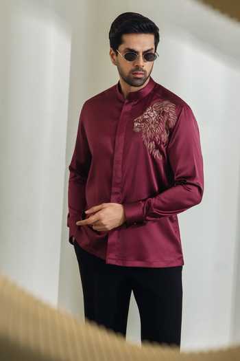 Buy_Madhav Agasti_Maroon Silk Hand Embroidered Shirt _Online_at_Aza_Fashions