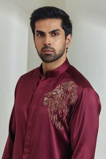 Shop_Madhav Agasti_Maroon Silk Hand Embroidered Shirt _Online_at_Aza_Fashions