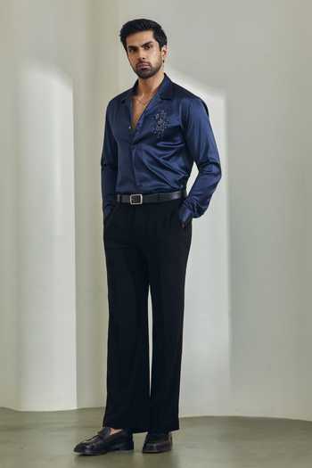 Madhav Agasti_Navy Silk Hand Embroidered Shirt _Online_at_Aza_Fashions