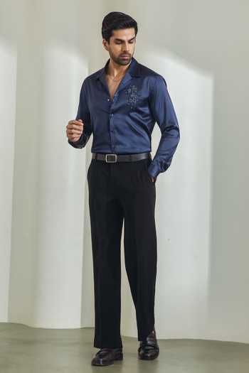 Buy_Madhav Agasti_Navy Silk Hand Embroidered Shirt _Online_at_Aza_Fashions
