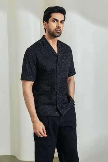 Madhav Agasti_Black Denim Cutwork Shirt And Trouser Set _Online_at_Aza_Fashions