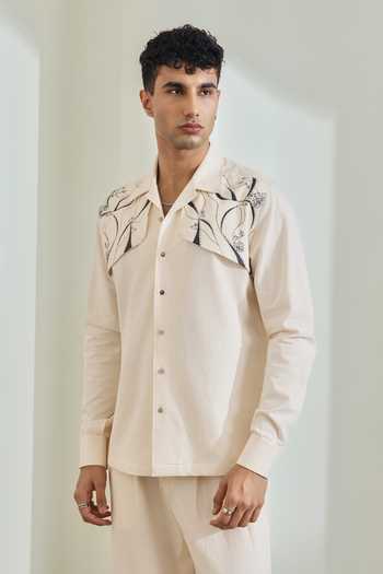 Madhav Agasti_Ivory Denim Hand Painted Shirt And Pant Set _Online_at_Aza_Fashions