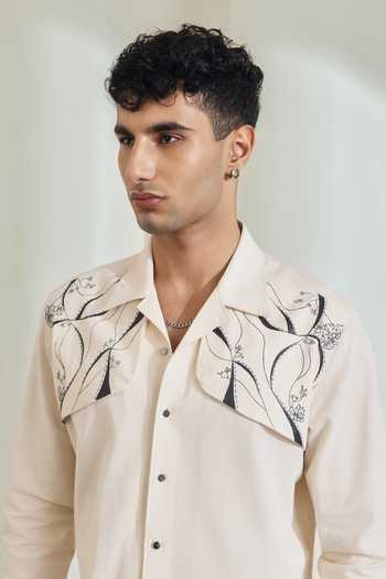 Madhav Agasti_Ivory Denim Hand Painted Shirt And Pant Set _at_Aza_Fashions