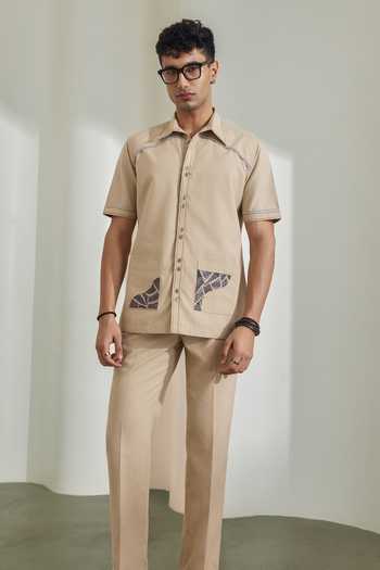 Madhav Agasti_Beige Handloom Cotton Shirt And Trouser Set _Online_at_Aza_Fashions
